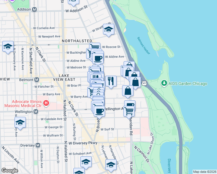 map of restaurants, bars, coffee shops, grocery stores, and more near 463 West Briar Place in Chicago