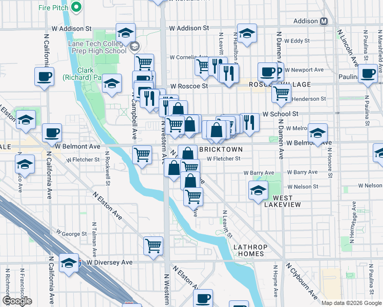 map of restaurants, bars, coffee shops, grocery stores, and more near 3123 North Oakley Avenue in Chicago