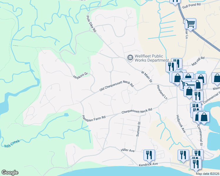 map of restaurants, bars, coffee shops, grocery stores, and more near 19 Broad Way in Wellfleet