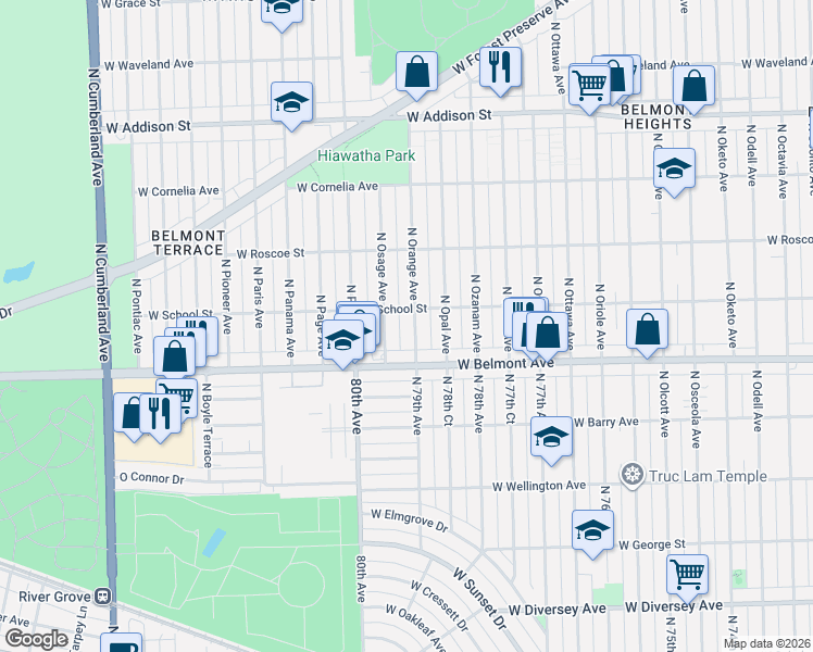 map of restaurants, bars, coffee shops, grocery stores, and more near 3223 North Orange Avenue in Chicago