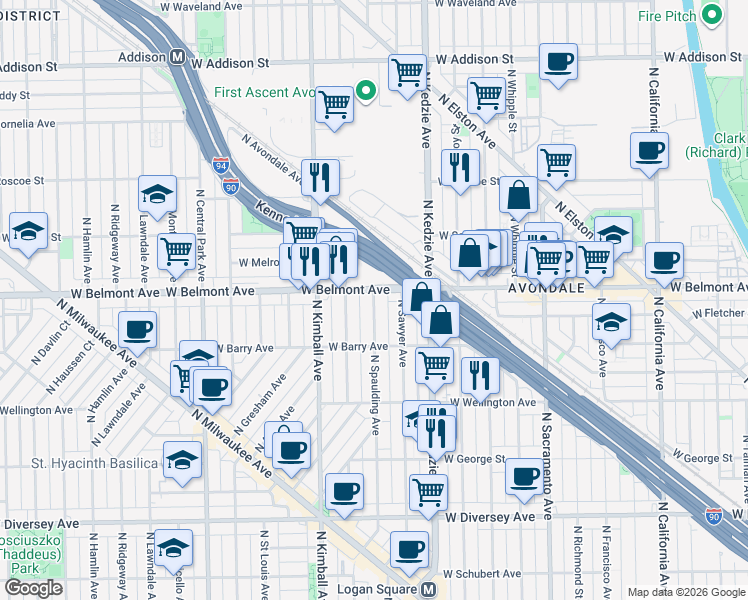 map of restaurants, bars, coffee shops, grocery stores, and more near North Spaulding Avenue in Chicago