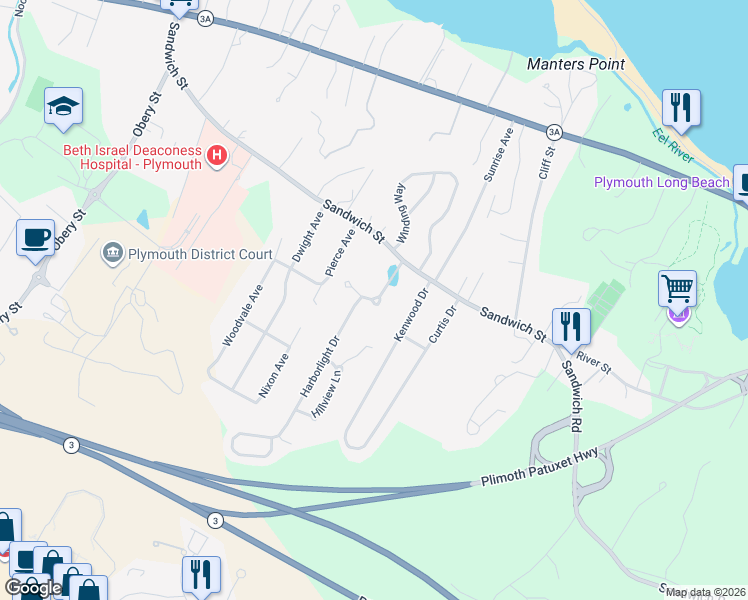 map of restaurants, bars, coffee shops, grocery stores, and more near 22 East Bay Lane in Plymouth