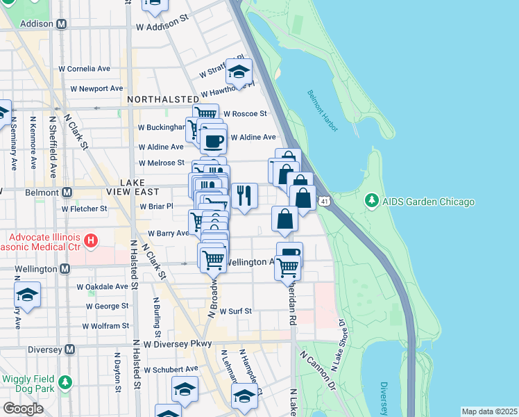 map of restaurants, bars, coffee shops, grocery stores, and more near 450 West Briar Place in Chicago