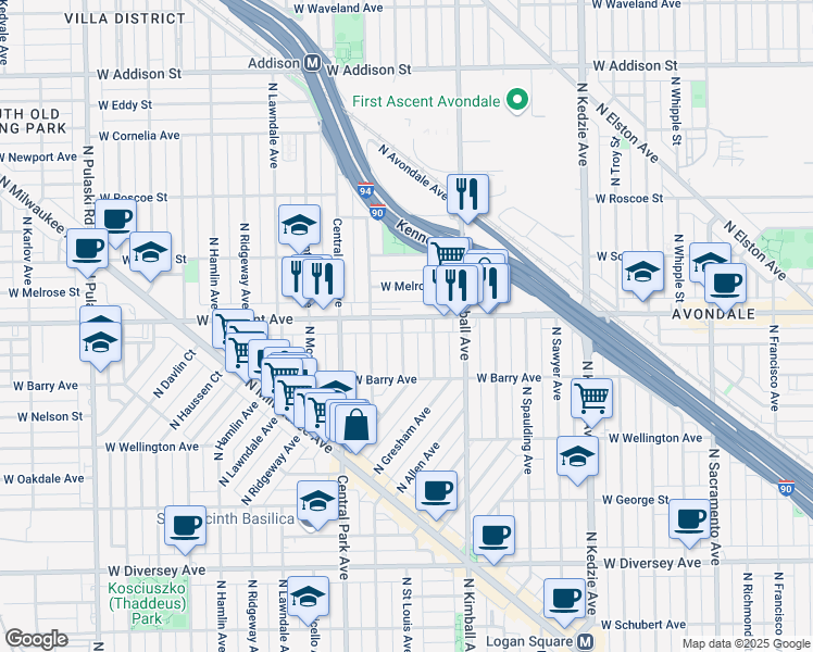 map of restaurants, bars, coffee shops, grocery stores, and more near 3132 North Bernard Street in Chicago