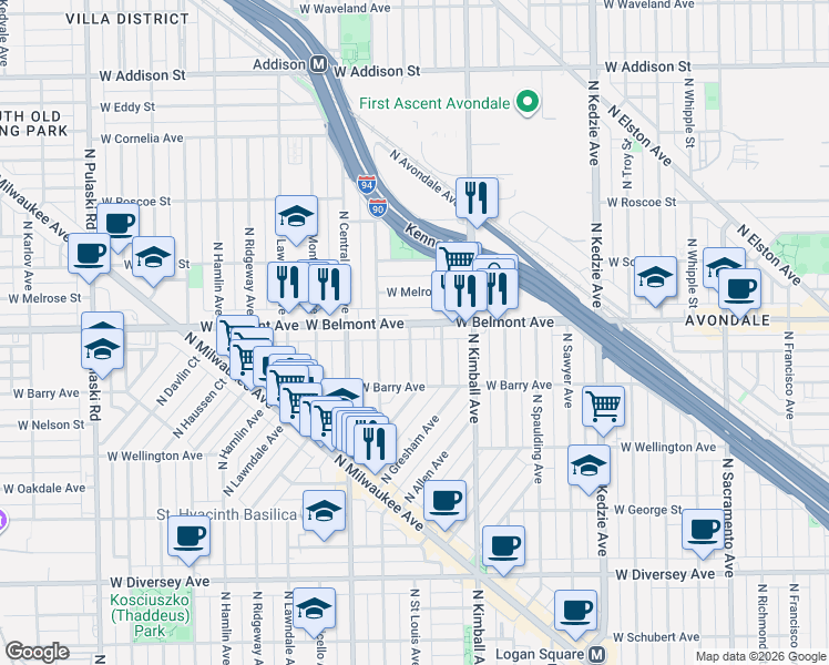 map of restaurants, bars, coffee shops, grocery stores, and more near 3132 North Bernard Street in Chicago