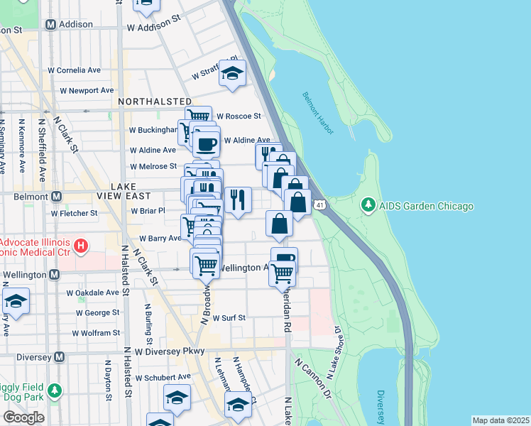 map of restaurants, bars, coffee shops, grocery stores, and more near 423A West Briar Place in Chicago