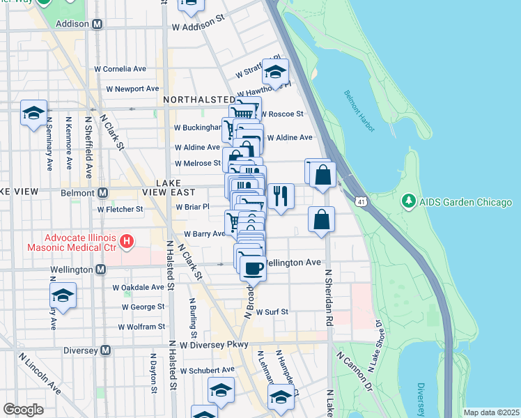 map of restaurants, bars, coffee shops, grocery stores, and more near 533 West Briar Place in Chicago