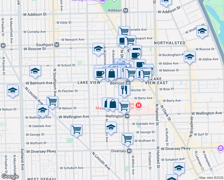 map of restaurants, bars, coffee shops, grocery stores, and more near 3112 North Kenmore Avenue in Chicago
