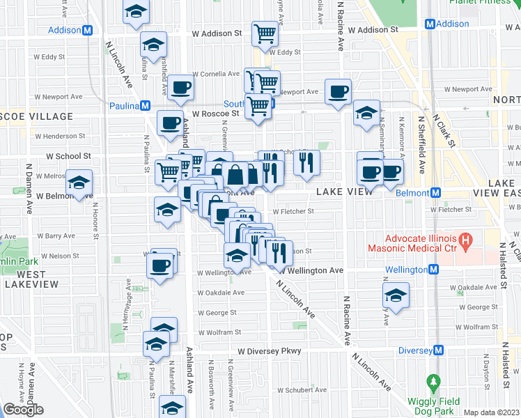 map of restaurants, bars, coffee shops, grocery stores, and more near 1415 West Fletcher Street in Chicago