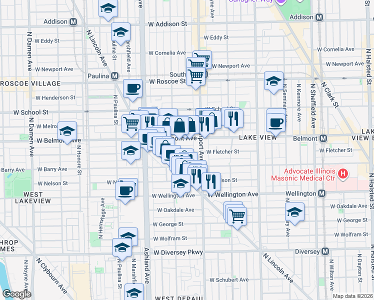 map of restaurants, bars, coffee shops, grocery stores, and more near 1415 West Fletcher Street in Chicago