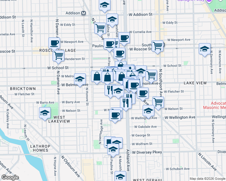 map of restaurants, bars, coffee shops, grocery stores, and more near 1647 West Fletcher Street in Chicago