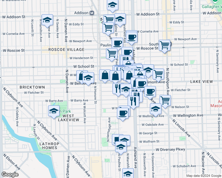 map of restaurants, bars, coffee shops, grocery stores, and more near 1723 West Fletcher Street in Chicago