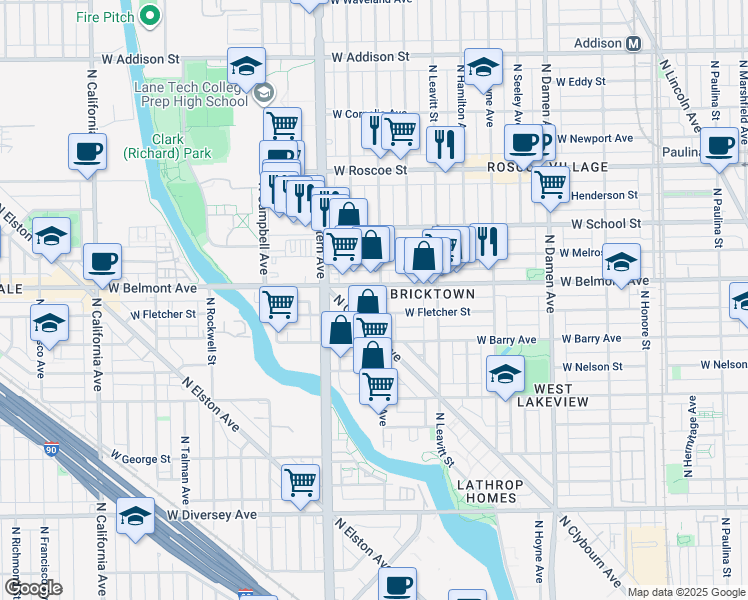 map of restaurants, bars, coffee shops, grocery stores, and more near 3123 North Oakley Avenue in Chicago