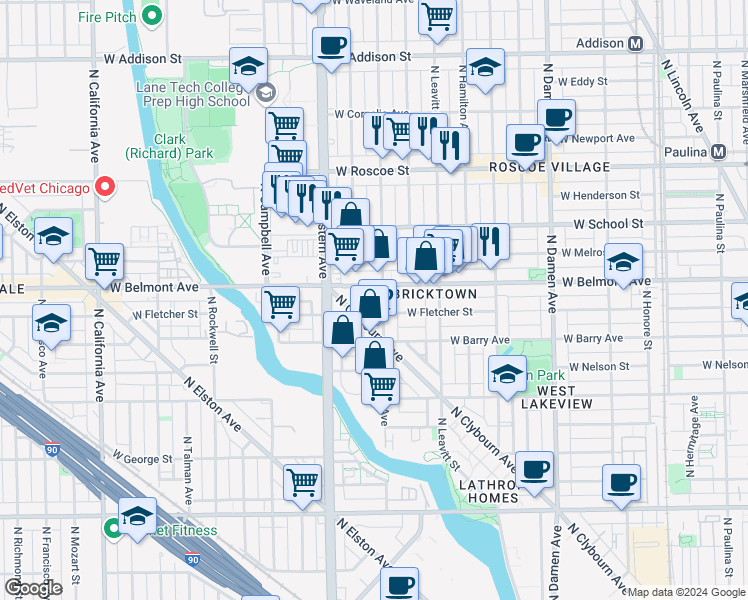 map of restaurants, bars, coffee shops, grocery stores, and more near 3123 North Oakley Avenue in Chicago