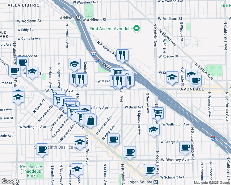 map of restaurants, bars, coffee shops, grocery stores, and more near 3132 North Bernard Street in Chicago