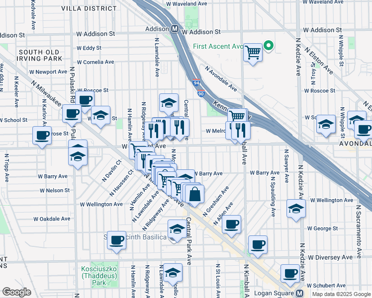 map of restaurants, bars, coffee shops, grocery stores, and more near 3139 North Central Park Avenue in Chicago