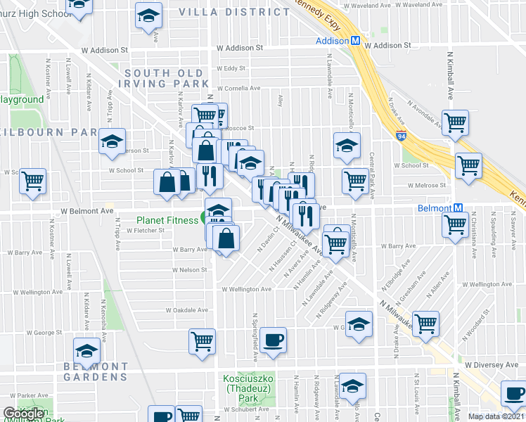 map of restaurants, bars, coffee shops, grocery stores, and more near 3157 North Springfield Avenue in Chicago