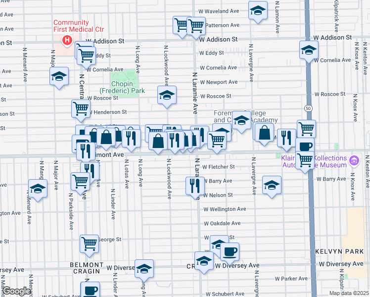 map of restaurants, bars, coffee shops, grocery stores, and more near 5219 West Belmont Avenue in Chicago