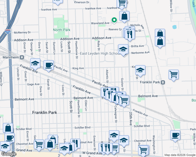 map of restaurants, bars, coffee shops, grocery stores, and more near 9818 Pacific Avenue in Franklin Park