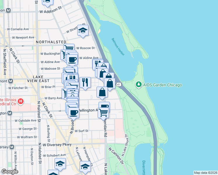 map of restaurants, bars, coffee shops, grocery stores, and more near 3150 North Lake Shore Drive in Chicago
