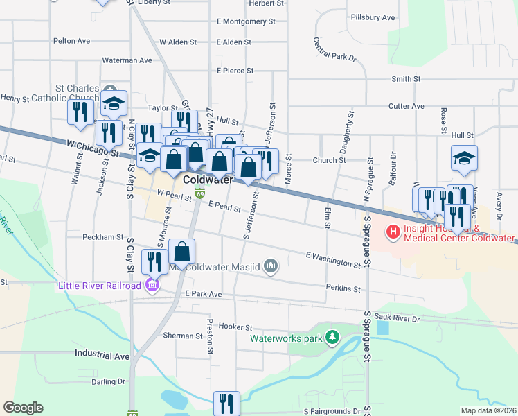 map of restaurants, bars, coffee shops, grocery stores, and more near 94 East Pearl Street in Coldwater