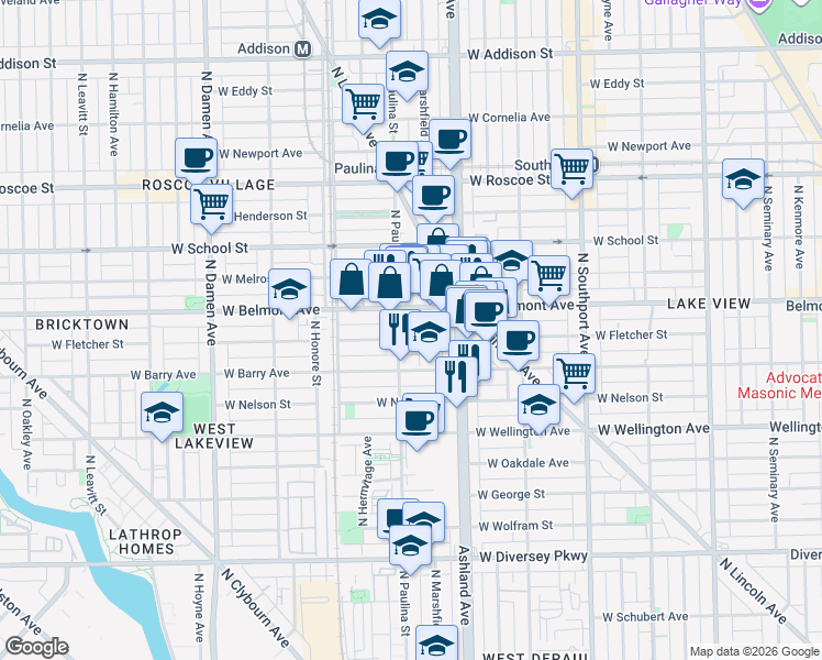 map of restaurants, bars, coffee shops, grocery stores, and more near 1647 West Fletcher Street in Chicago
