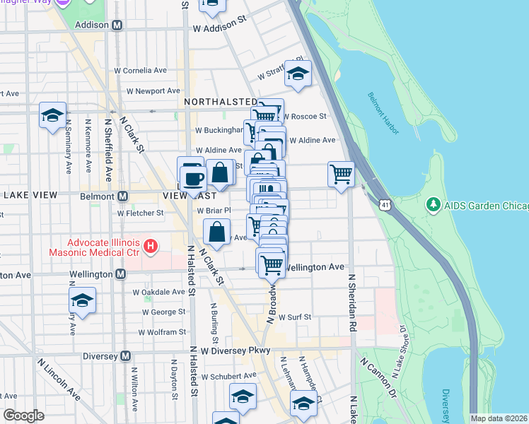 map of restaurants, bars, coffee shops, grocery stores, and more near 611 West Briar Place in Chicago