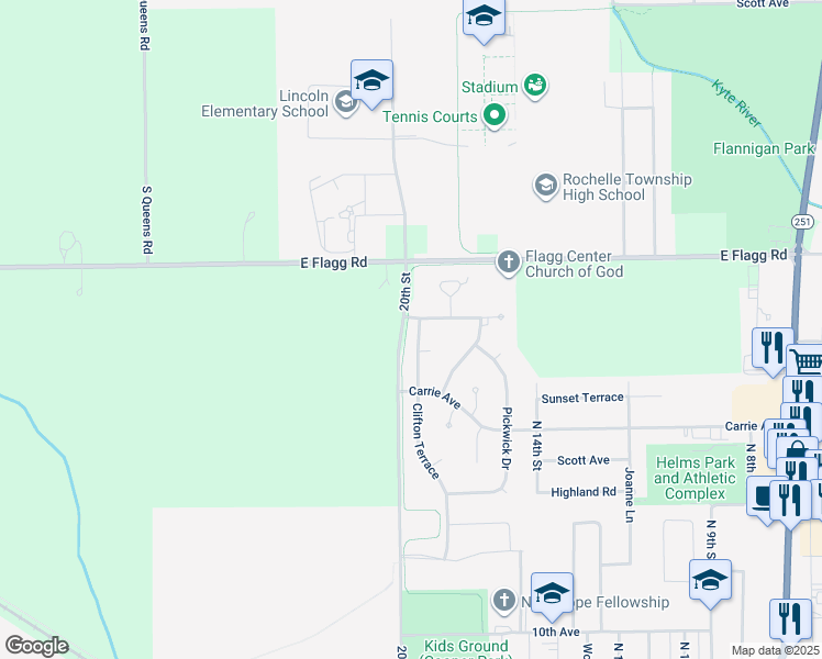 map of restaurants, bars, coffee shops, grocery stores, and more near 1222 Clifton Terrace in Rochelle