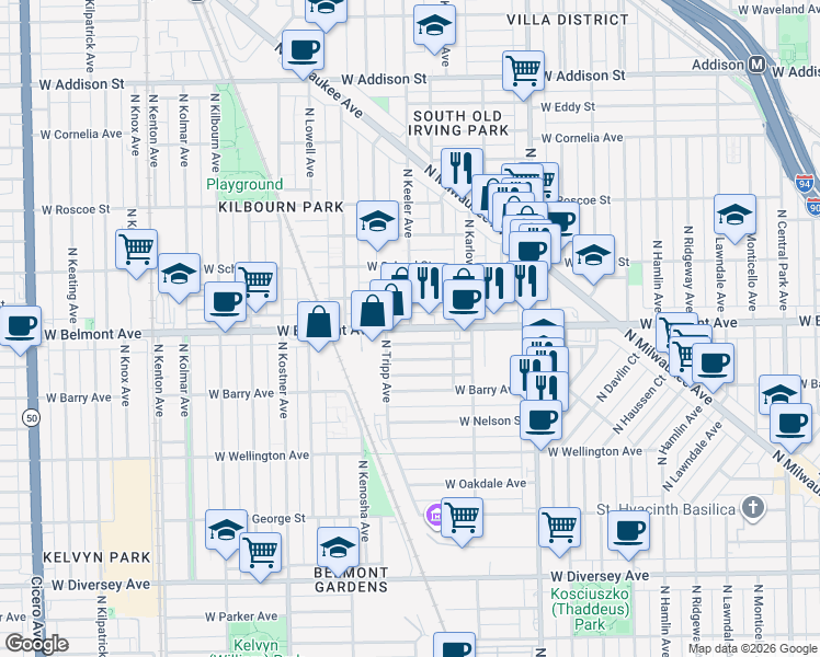 map of restaurants, bars, coffee shops, grocery stores, and more near North Keeler Avenue in Chicago