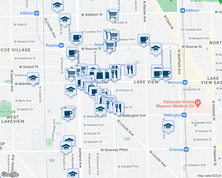map of restaurants, bars, coffee shops, grocery stores, and more near 3136 North Southport Avenue in Chicago