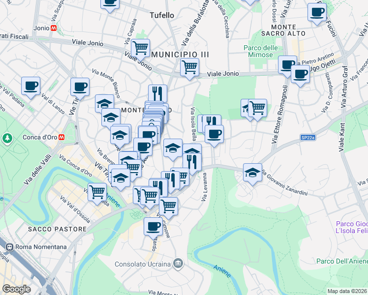 map of restaurants, bars, coffee shops, grocery stores, and more near 35 Via Montasio in Rome