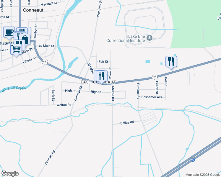 map of restaurants, bars, coffee shops, grocery stores, and more near 10 Biscoff Avenue in Conneaut