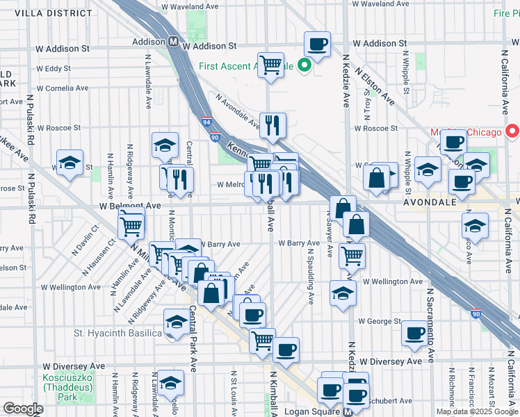 map of restaurants, bars, coffee shops, grocery stores, and more near 3132 North Kimball Avenue in Chicago