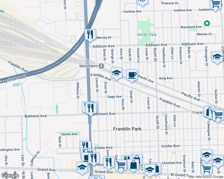 map of restaurants, bars, coffee shops, grocery stores, and more near 3301 Ernst Street in Franklin Park