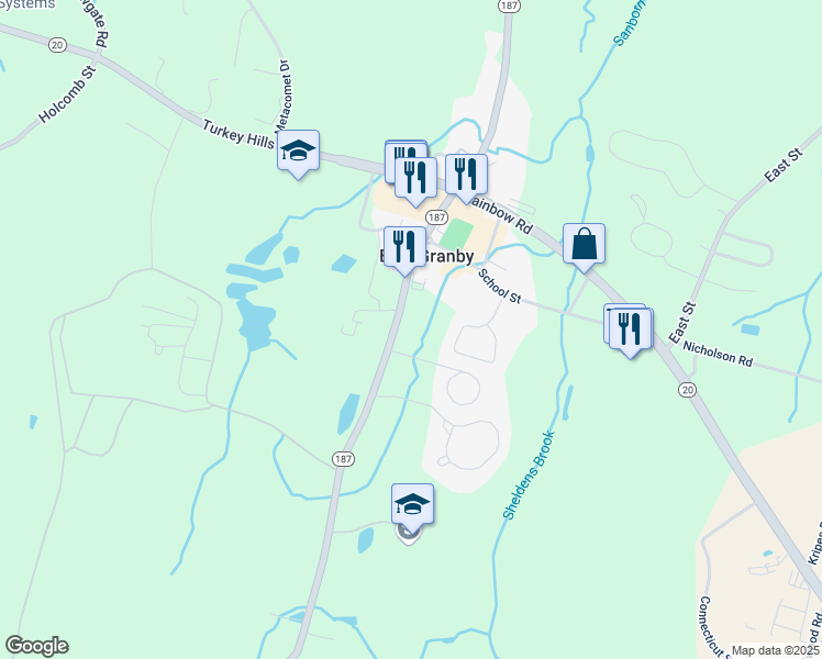 map of restaurants, bars, coffee shops, grocery stores, and more near 34 Schoolhouse Landing in East Granby