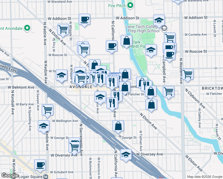 map of restaurants, bars, coffee shops, grocery stores, and more near 3188 North Elston Avenue in Chicago