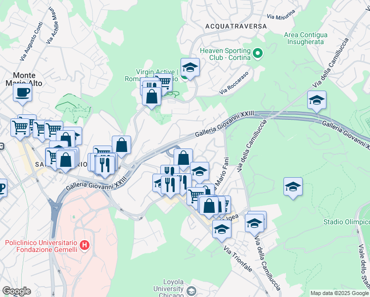 map of restaurants, bars, coffee shops, grocery stores, and more near 13 Via Menaggio in Roma