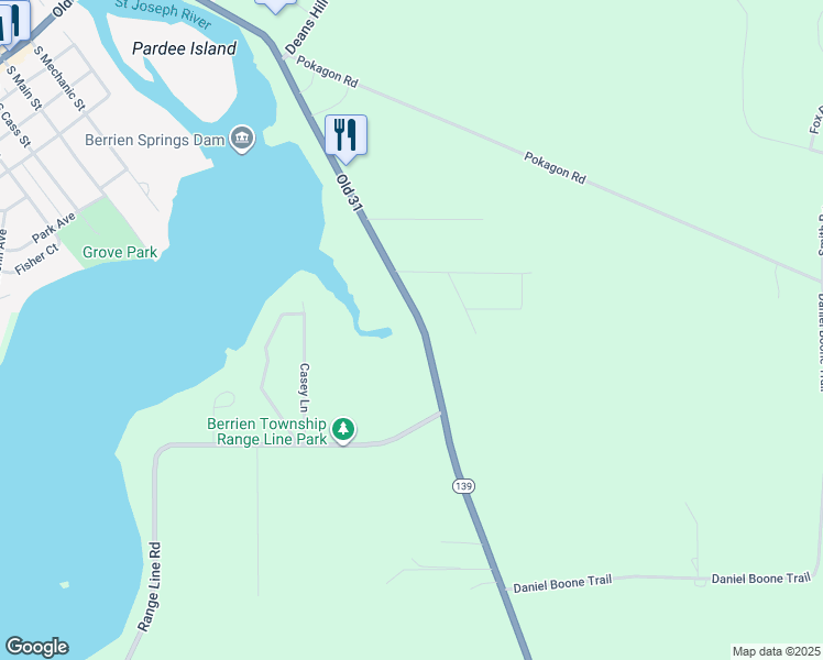 map of restaurants, bars, coffee shops, grocery stores, and more near 9910 Old 31 in Berrien Springs