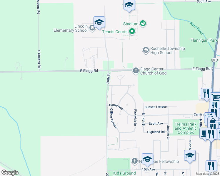 map of restaurants, bars, coffee shops, grocery stores, and more near 1222 Clifton Terrace in Rochelle