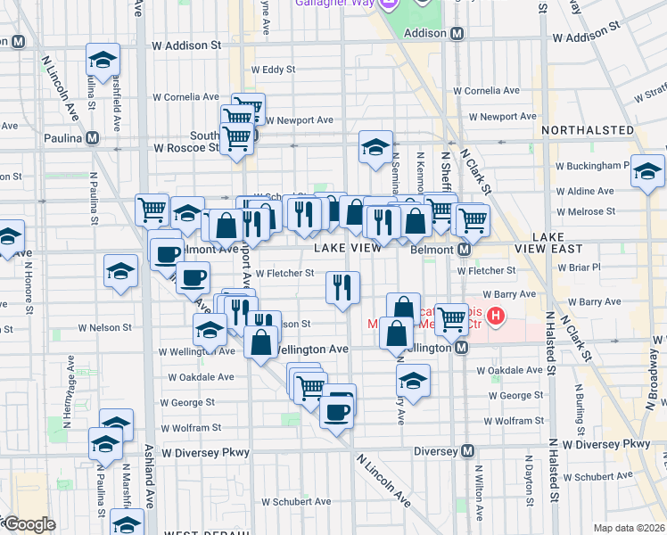 map of restaurants, bars, coffee shops, grocery stores, and more near 1223 West Fletcher Street in Chicago