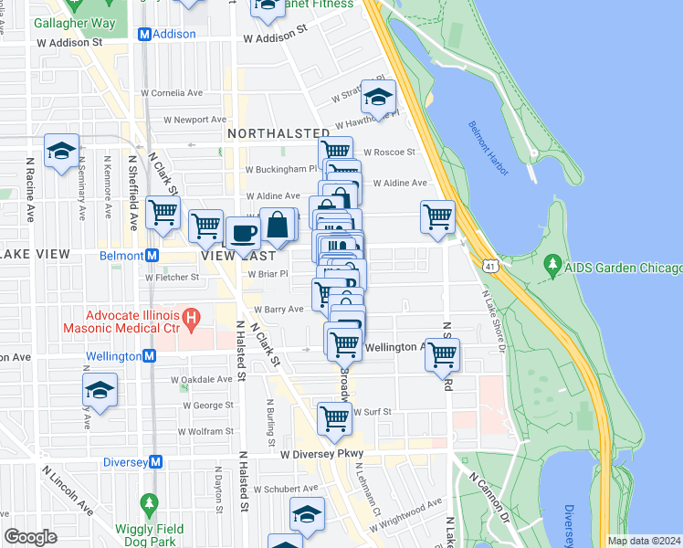 map of restaurants, bars, coffee shops, grocery stores, and more near 3126 North Broadway in Chicago