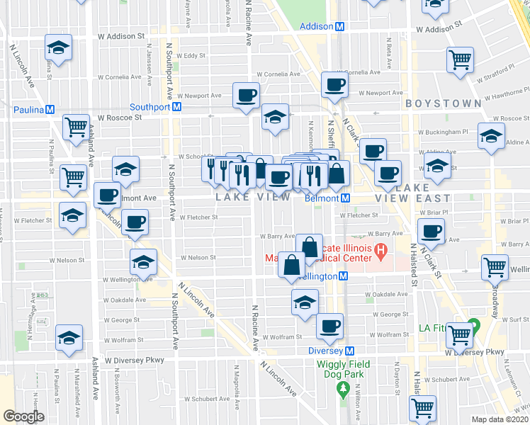 map of restaurants, bars, coffee shops, grocery stores, and more near 3113 North Racine Avenue in Chicago