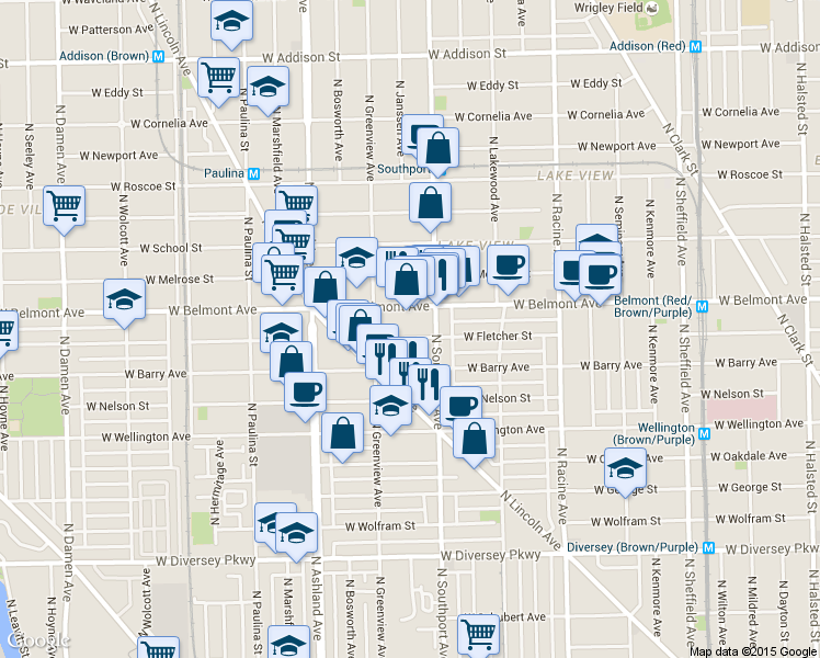 map of restaurants, bars, coffee shops, grocery stores, and more near 1415 West Fletcher Street in Chicago