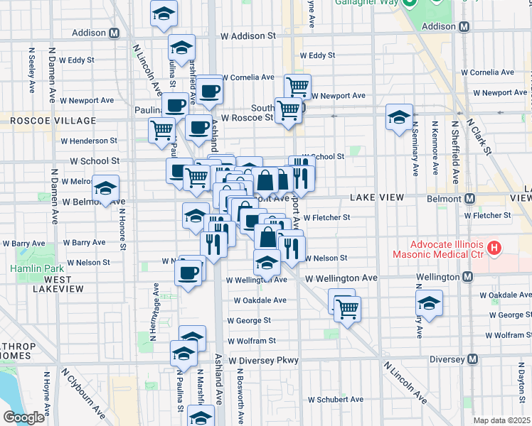 map of restaurants, bars, coffee shops, grocery stores, and more near 1455 West Fletcher Street in Chicago