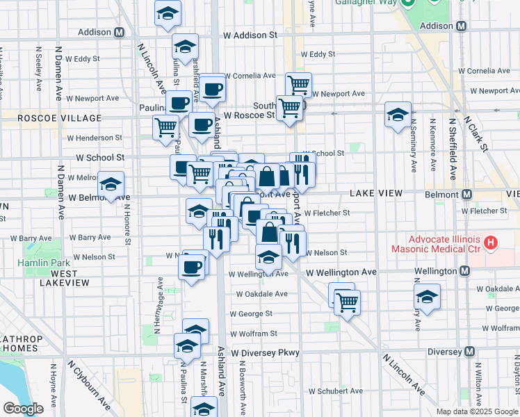 map of restaurants, bars, coffee shops, grocery stores, and more near 1455 West Fletcher Street in Chicago