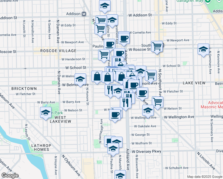 map of restaurants, bars, coffee shops, grocery stores, and more near 1645 West Fletcher Street in Chicago
