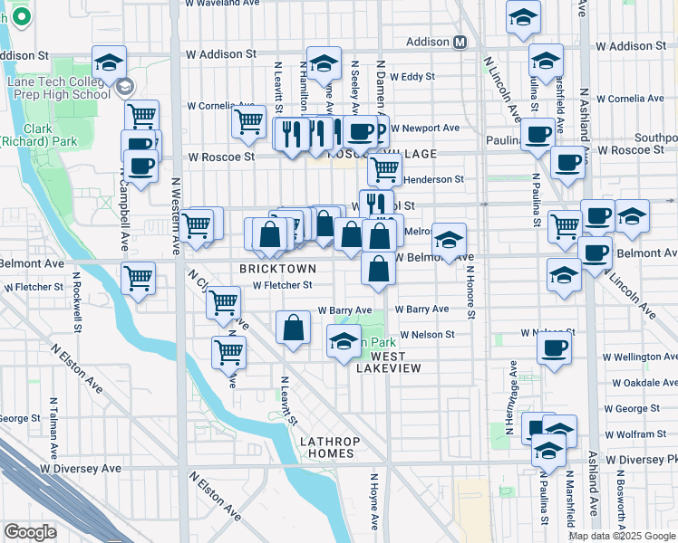 map of restaurants, bars, coffee shops, grocery stores, and more near 2103 West Fletcher Street in Chicago