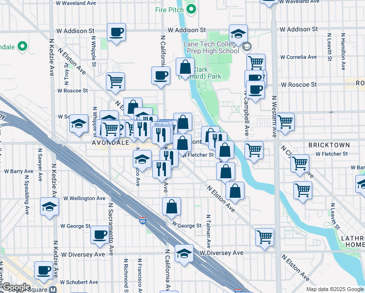 map of restaurants, bars, coffee shops, grocery stores, and more near 2707 West Fletcher Street in Chicago