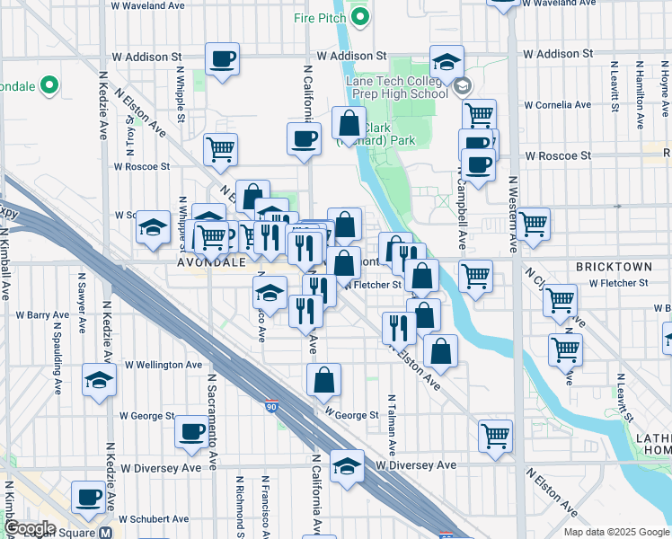 map of restaurants, bars, coffee shops, grocery stores, and more near 2707 West Fletcher Street in Chicago