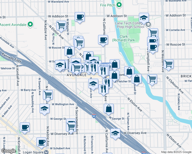 map of restaurants, bars, coffee shops, grocery stores, and more near 2848 West Barry Avenue in Chicago